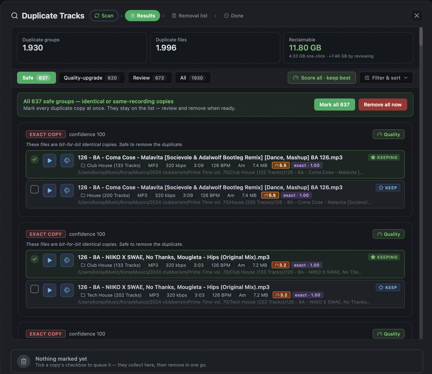 Music Library Doctor — duplicate finder showing 1,930 duplicate groups with bit-for-bit evidence and keep-best selection