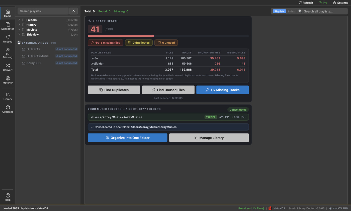 Music Library Doctor — Library Health dashboard auditing a 160,000-track VirtualDJ library