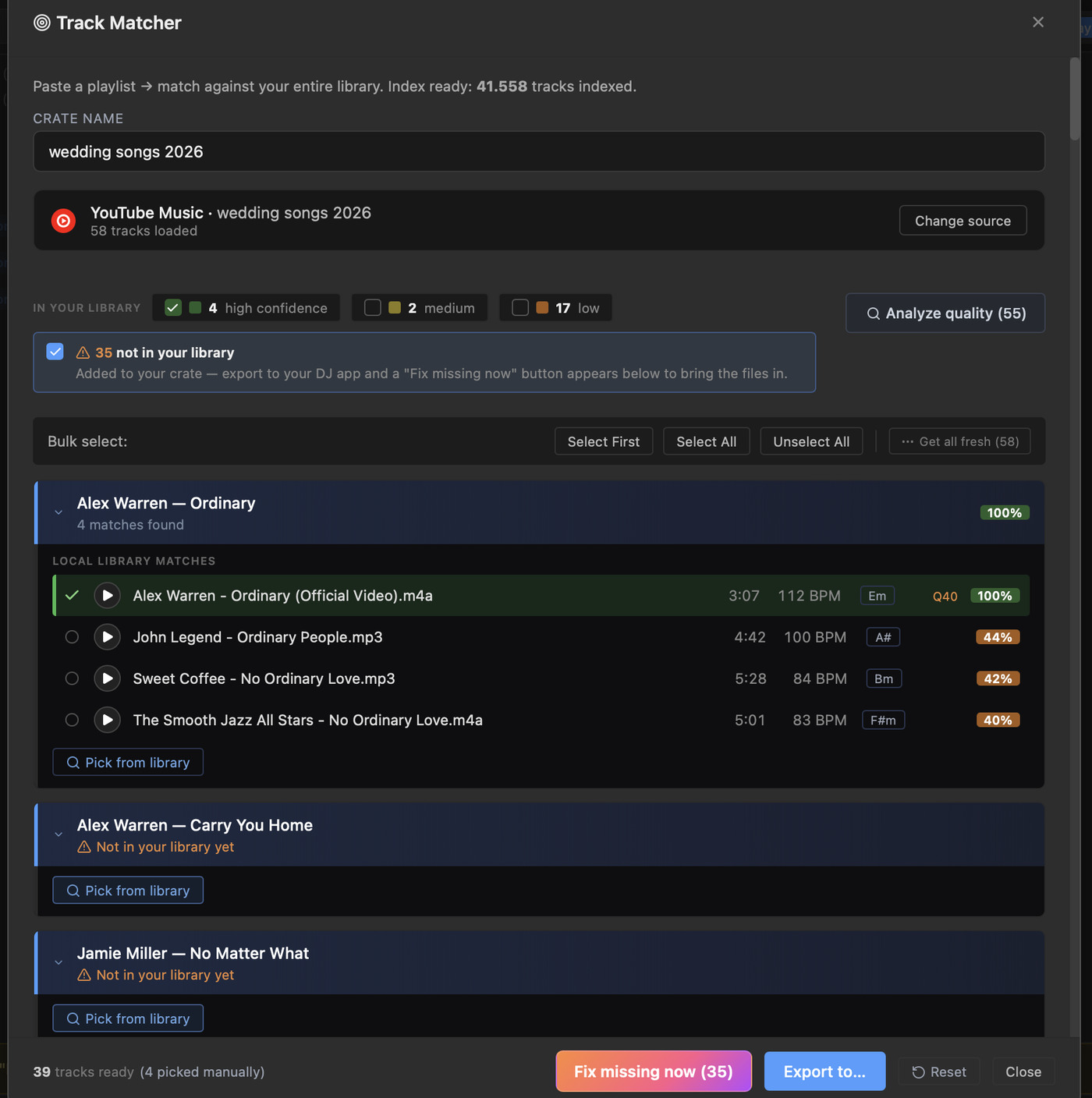 Music Library Doctor — Track Matcher matching a YouTube Music playlist against a local library